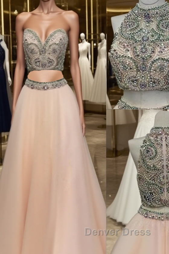 Custom Made Two Pieces High Neck Beaded Pink Tulle Prom Dress, Pink Prom Dresses