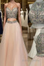 Custom Made Two Pieces High Neck Beaded Pink Tulle Prom Dress, Pink Prom Dresses