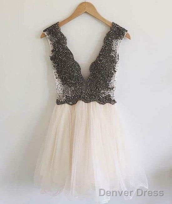 Custom Made V Neck Beaded Short Prom Dress. Cute Homecoming Dresses