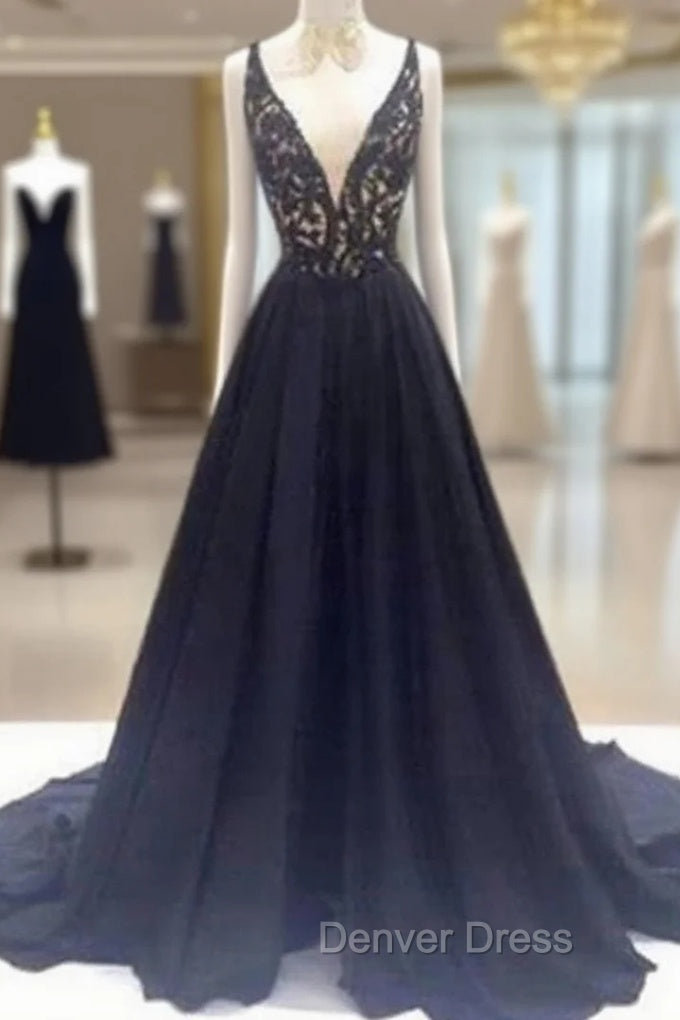 Custom Made V Neck Sweep Train Long Black Lace Prom Dresses, Black Long Lace Formal Dresses Main image