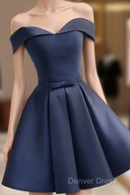 Custom Navy Blue Short Off Shoulder Sweetheart Prom Dress, Navy Blue Prom Dresses