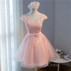 Custom Pink Lovely Cap Sleeves Knee Length Prom Dress, Pink Tulle Prom Dresses