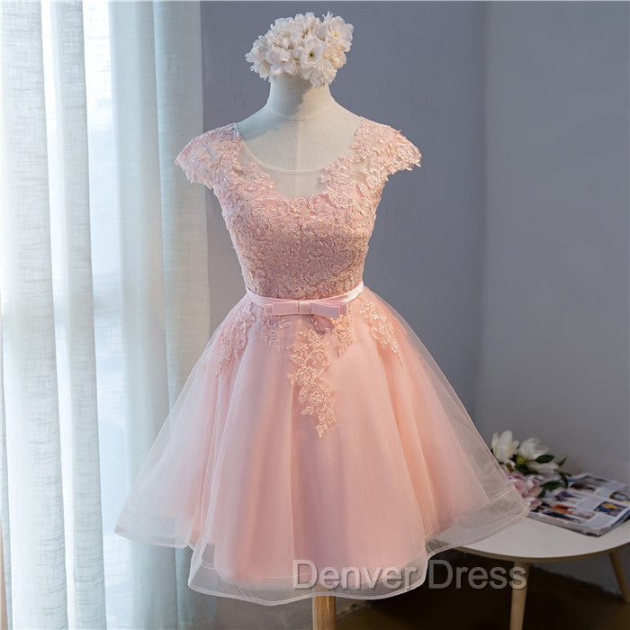 Custom Pink Lovely Cap Sleeves Knee Length Prom Dress, Pink Tulle Prom Dresses
