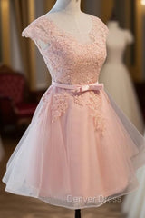 Custom Pink Lovely Cap Sleeves Knee Length Formal Dresses, Pink Tulle Prom Dresses