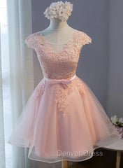 Custom Pink Lovely Cap Sleeves Knee Length Formal Dresses, Pink Tulle Prom Dresses