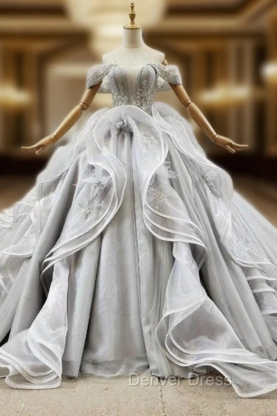 Custom Tailored Gray Ball Gowns Tulle Off the Shoulder Appliques Wedding Dresses Main image