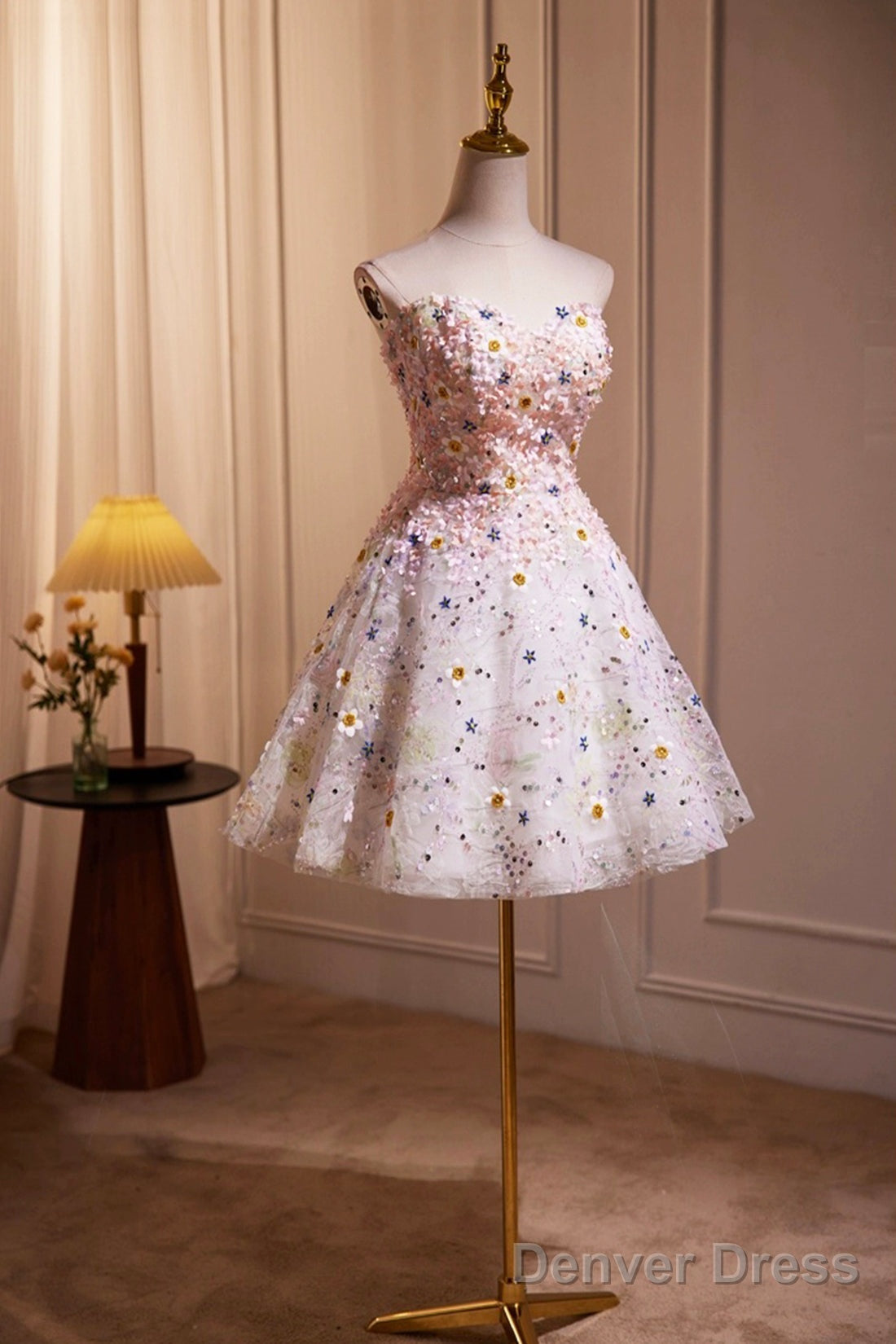 Cute 3D Floral Knee Length Prom Dress, A-Line Strapless Homecoming Dresses Secondary image