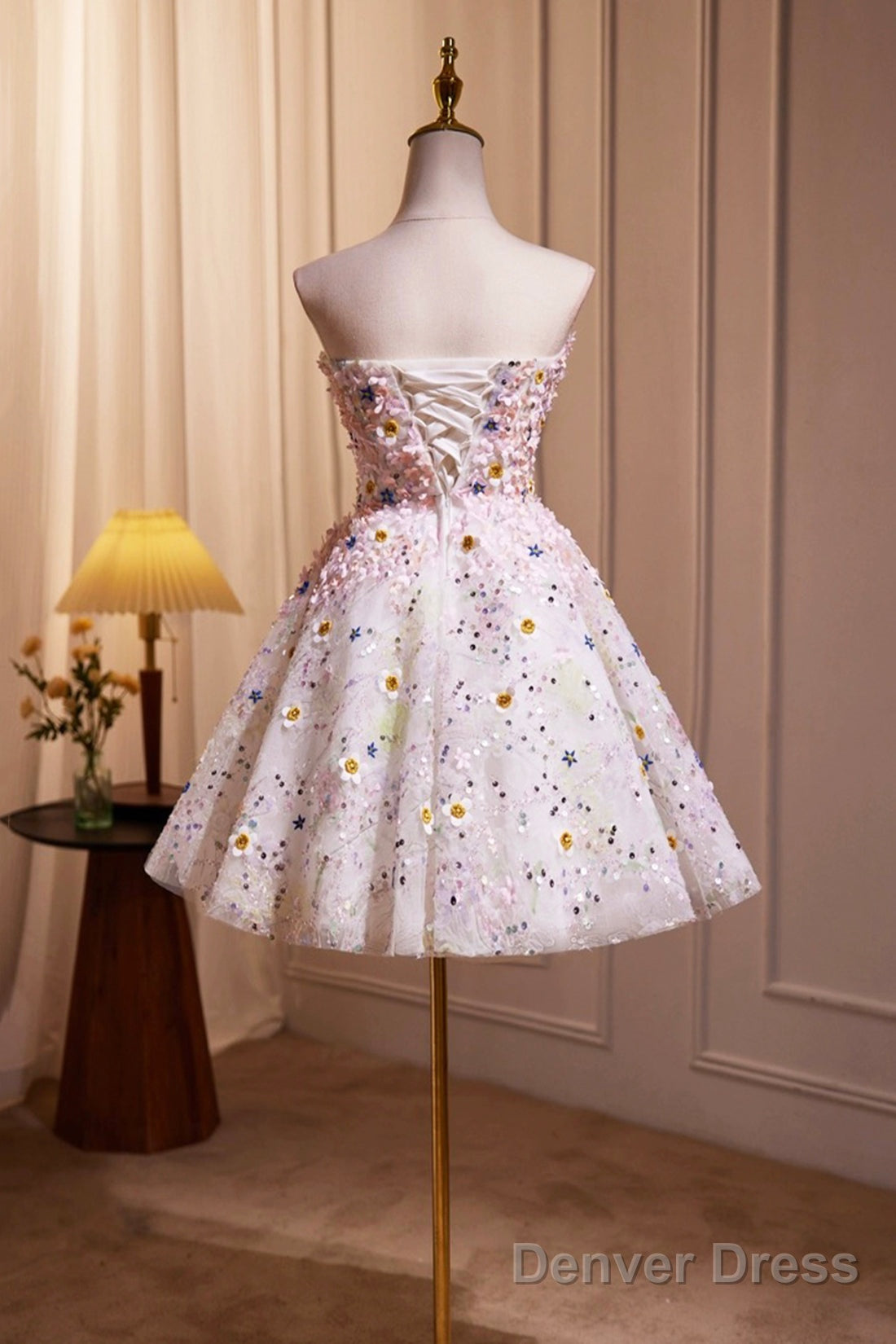 Cute 3D Floral Knee Length Prom Dress, A-Line Strapless Homecoming Dresses