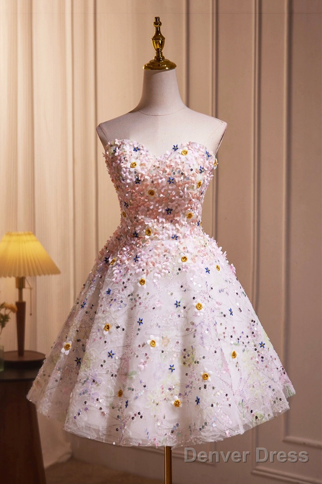 Cute 3D Floral Knee Length Prom Dress, A-Line Strapless Homecoming Dresses Main image