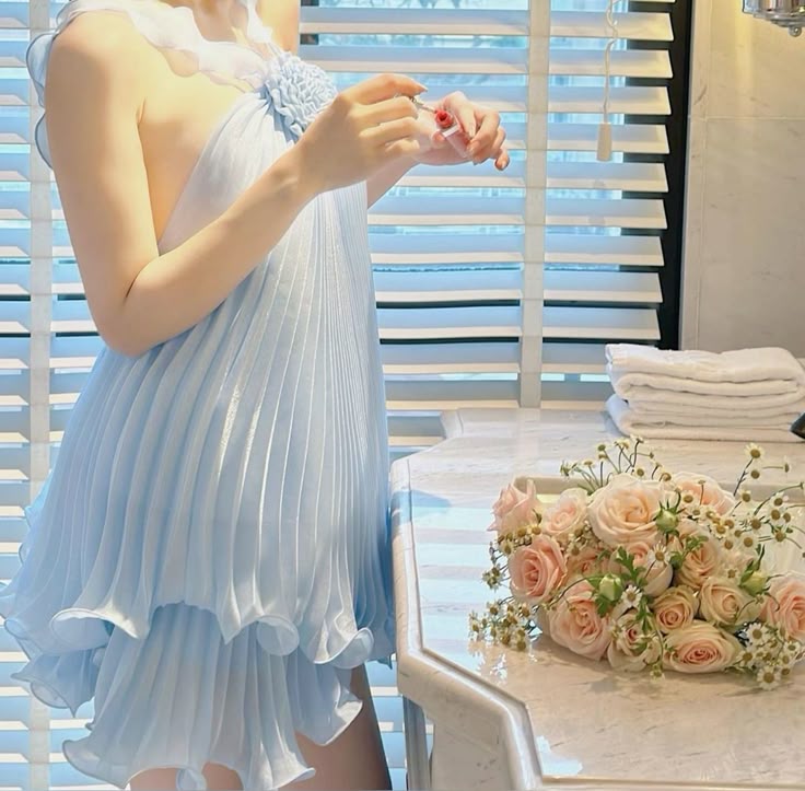 Cute A Line Halter Baby Blue Pleated Chiffon Short Homecoming Dress Birthday Dresses