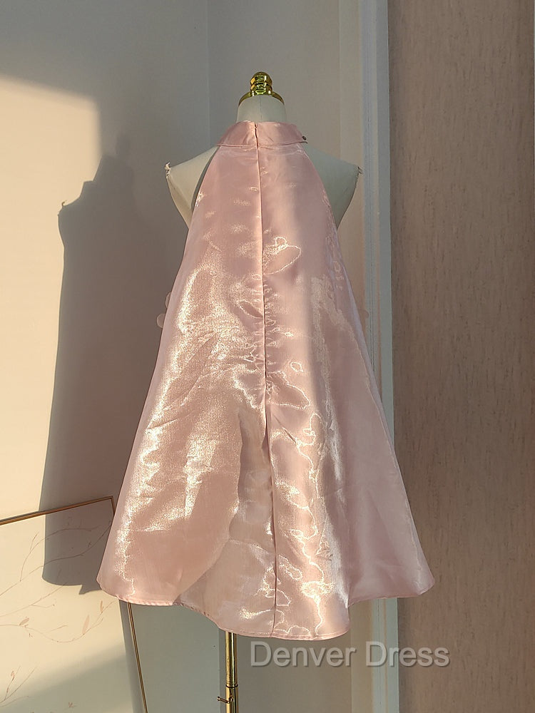 Cute A Line Halter Pink Travel Vacation Dress Short Satin Birthday Dresses