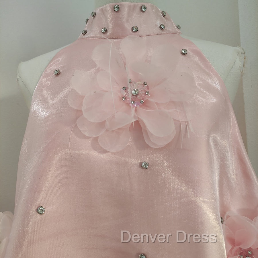 Cute A Line Halter Pink Travel Vacation Dress Short Satin Birthday Dresses