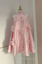 Cute A Line Halter Pink Travel Vacation Dress Short Satin Birthday Dresses