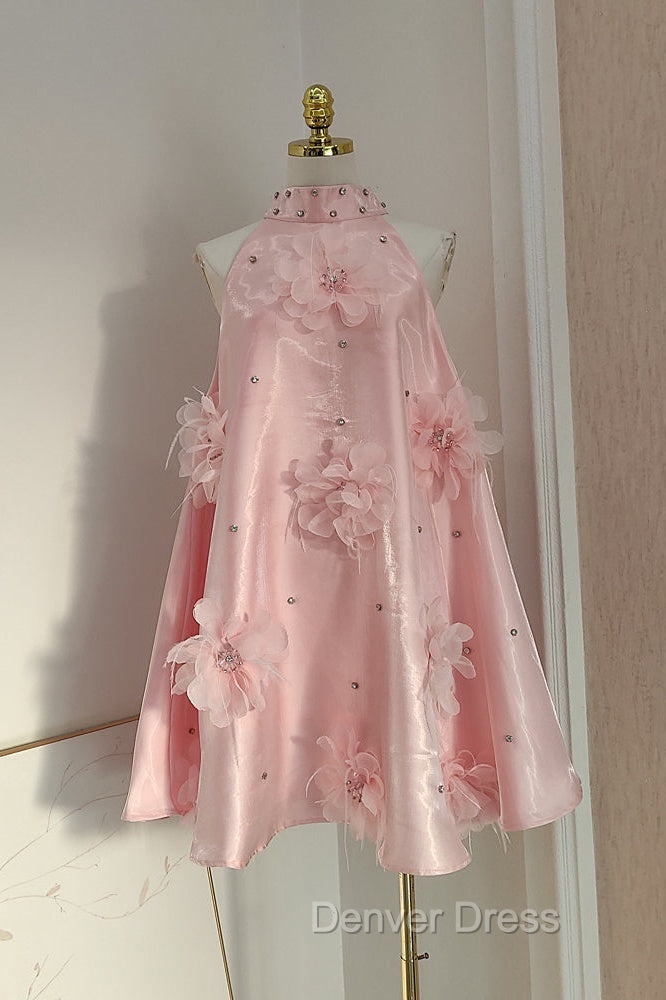 Cute A Line Halter Pink Travel Vacation Dress Short Satin Birthday Dresses