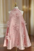 Cute A Line Halter Pink Travel Vacation Dress Short Satin Birthday Dresses