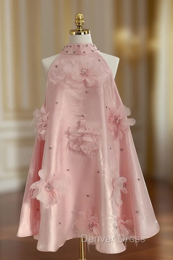 Cute A Line Halter Pink Travel Vacation Dress Short Satin Birthday Dresses