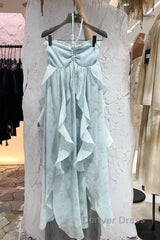 Cute A Line Halter Ruffled Floral Blue Summer Holiday Dresses WomenS Long Vacation Dresses
