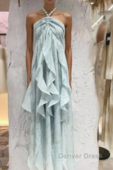 Cute A Line Halter Ruffled Floral Blue Summer Holiday Dresses WomenS Long Vacation Dresses