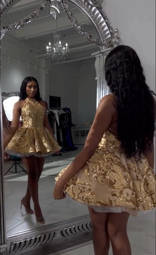 Cute A Line Halter Sequin Short Gold Homecoming Dresses Secondary image