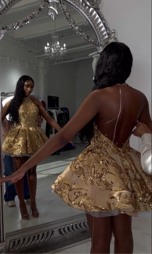 Cute A Line Halter Sequin Short Gold Homecoming Dresses