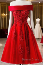 Cute A Line Off Shoulder Short Red Lace Prom Dress, Short Red Bridesmaid Dress, Graduation Dresses