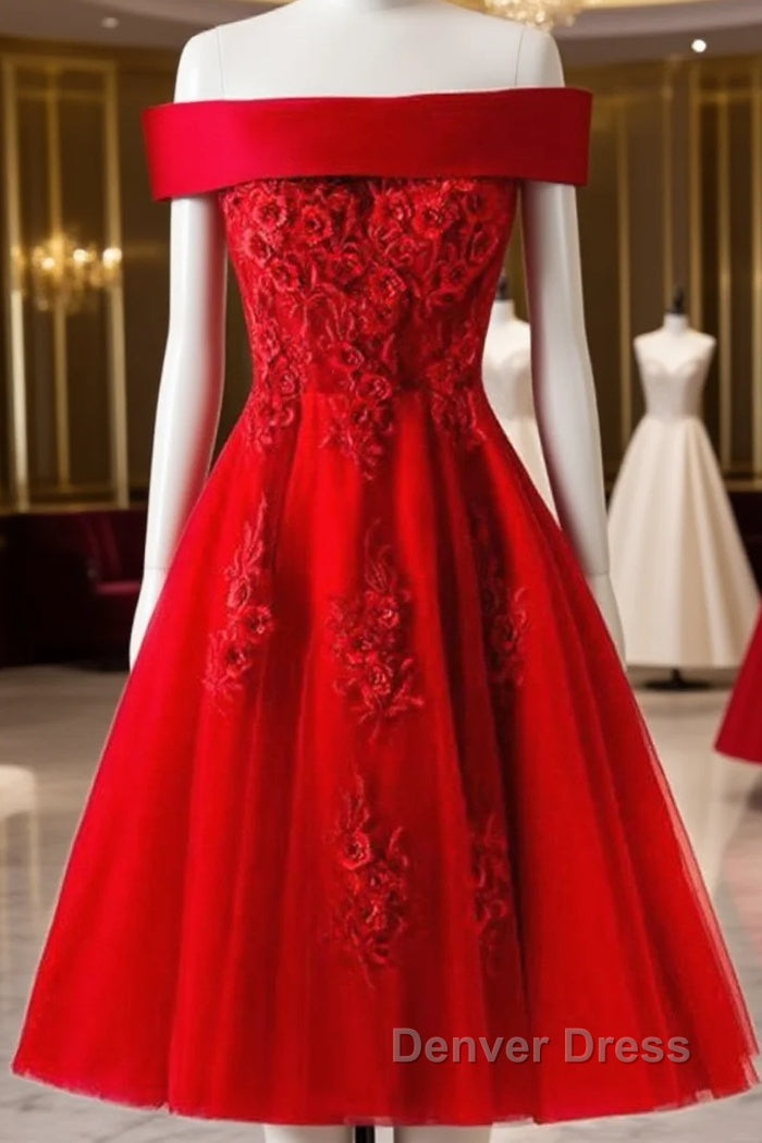 Cute A Line Off Shoulder Short Red Lace Prom Dress, Short Red Bridesmaid Dress, Graduation Dresses