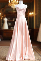 Cute A-Line Pink Satin Straps Sweetheart Prom Dresses, Pink Satin Party Dresses Evening Dresses