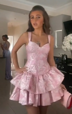 Cute A Line Pink Straps Short Summer Birthday Dress Hoco Dress Birthday Outfit 19Th Birthday Mini Prom Dresses