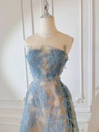 Cute A Line Scoop Neckline Lace Blue Prom Dresses Evening Dresses