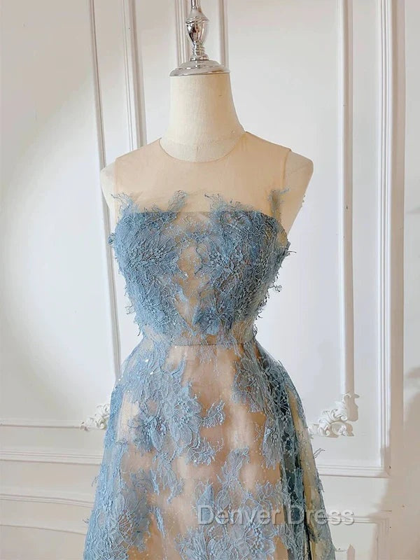 Cute A Line Scoop Neckline Lace Blue Prom Dress