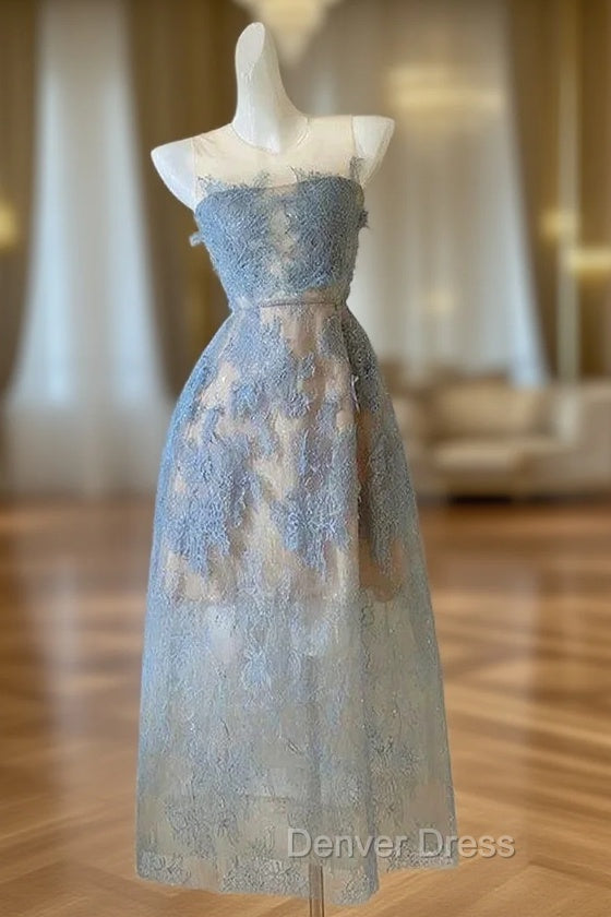 Cute A Line Scoop Neckline Lace Blue Prom Dresses Evening Dresses