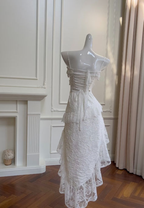 Cute A Line Spaghetti Strap Tiered Pearl White Lace Prom Dress