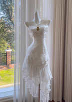 Cute A Line Spaghetti Strap Tiered Pearl White Lace Prom Dress