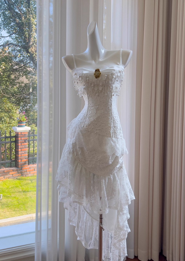 Cute A Line Spaghetti Strap Tiered Pearl White Lace Prom Dress