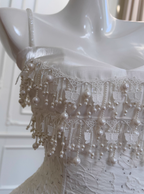 Cute A Line Spaghetti Strap Tiered Pearl White Lace Prom Dress