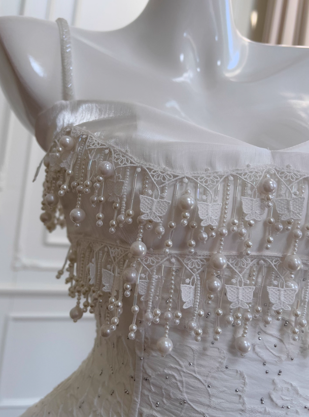 Cute A Line Spaghetti Strap Tiered Pearl White Lace Prom Dress