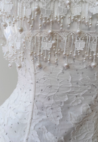 Cute A Line Spaghetti Strap Tiered Pearl White Lace Prom Dress