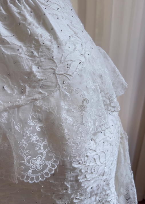Cute A Line Spaghetti Strap Tiered Pearl White Lace Prom Dress