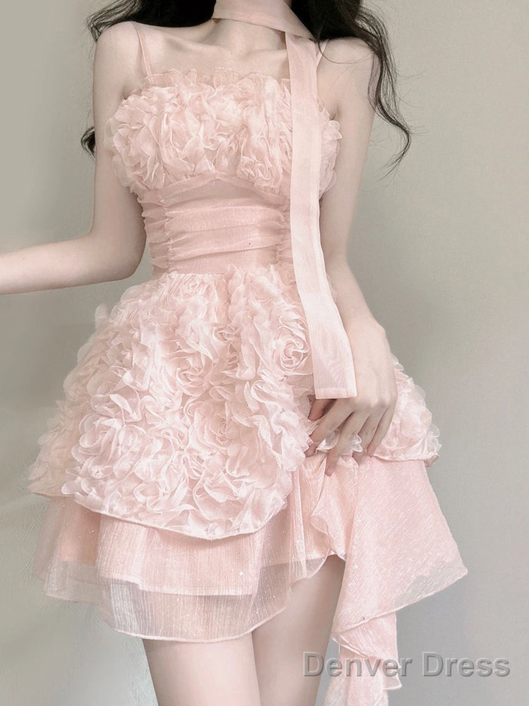 Cute A Line Spaghetti Straps Pink Chiffon Short Birthday Dresses Birthday Outfits