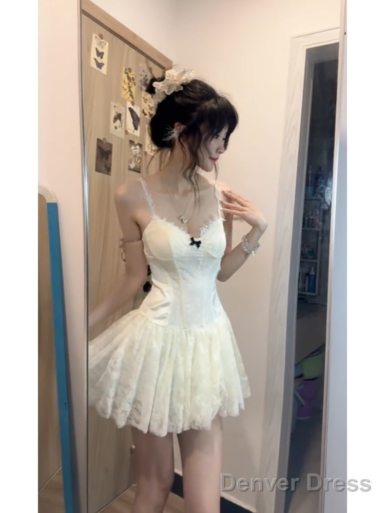 Cute A Line Spaghetti Straps White Lace Short 2 Pieces Dress Prom Dresses Birthday Outfits Main image