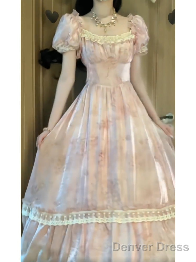 Cute A Line Square Neckline Pink Lace Long Prom Dress Night Dresses Birthday Outfits