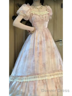 Cute A Line Square Neckline Pink Lace Long Prom Dress Night Dresses Birthday Outfits