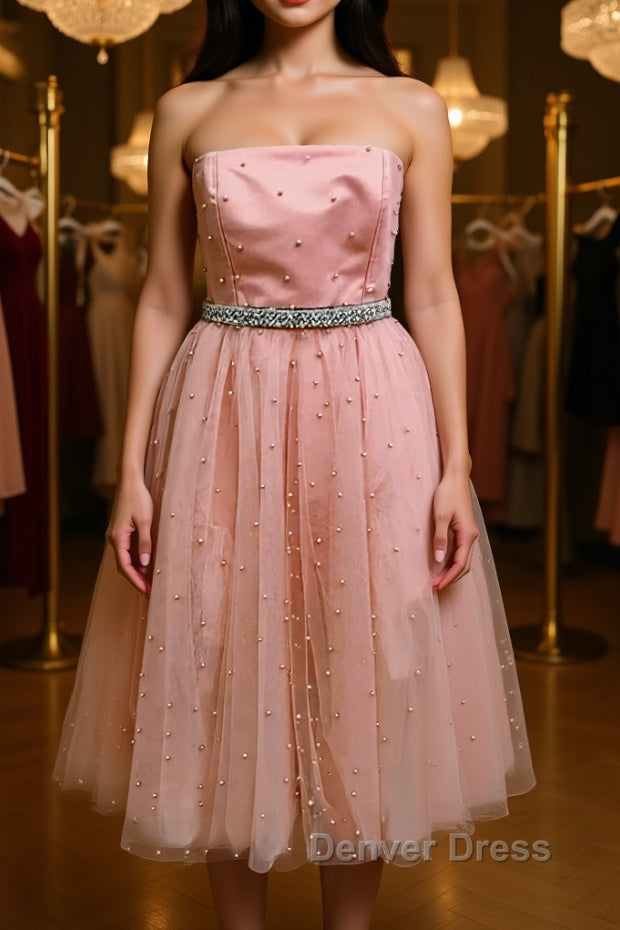 Cute A Line Strapless Beaded Pink Short Prom Dress Homecoming Dress, Strapless Pink Prom Graduation Prom Dresses Main image