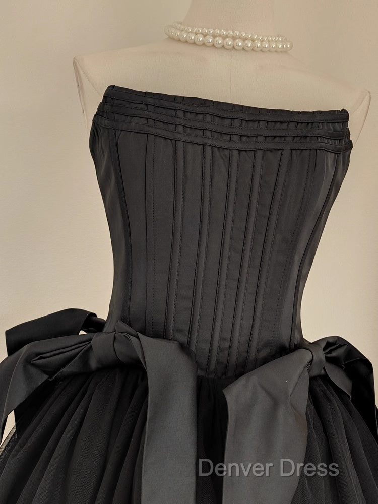 Cute A Line Strapless Black Travel Vacation Dresses Short Satin Birthday Dresses Secondary image