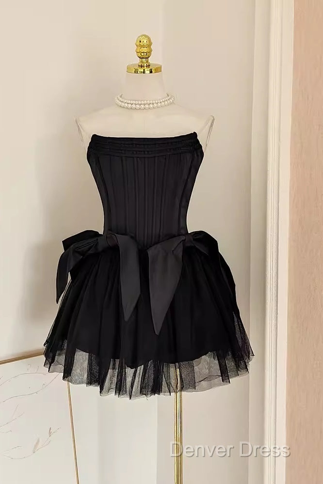 Cute A Line Strapless Black Travel Vacation Dresses Short Satin Birthday Dresses