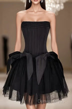 Cute A Line Strapless Black Travel Vacation Dress Short Satin Birthday Dresses