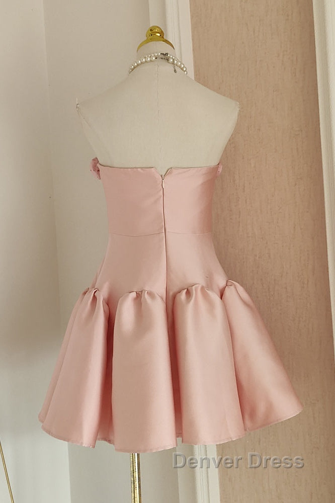 Cute A Line Strapless Pink Satin Travel Vacation Dress Short Birthday Dresses