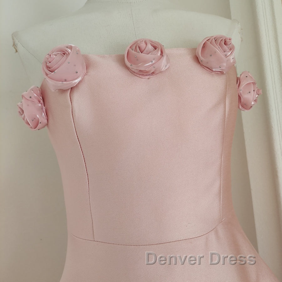 Cute A Line Strapless Pink Satin Travel Vacation Dress Short Birthday Dresses