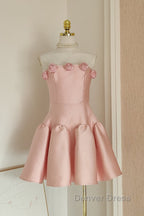 Cute A Line Strapless Pink Satin Travel Vacation Dress Short Birthday Dresses