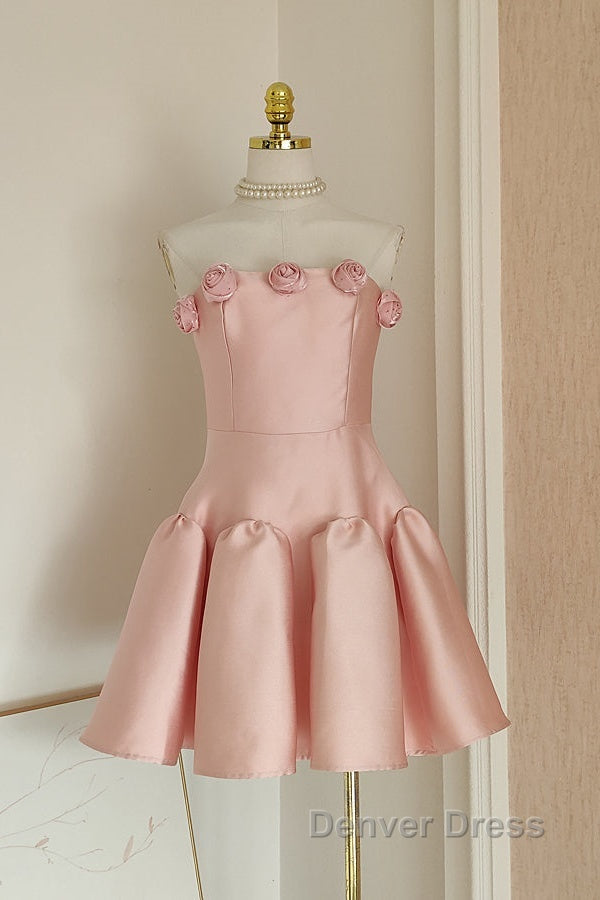 Cute A Line Strapless Pink Satin Travel Vacation Dress Short Birthday Dresses